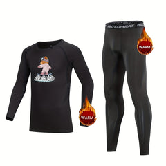 2pcs Kids Compression Fleece Sets Cartoon Skiing Bear Pattern