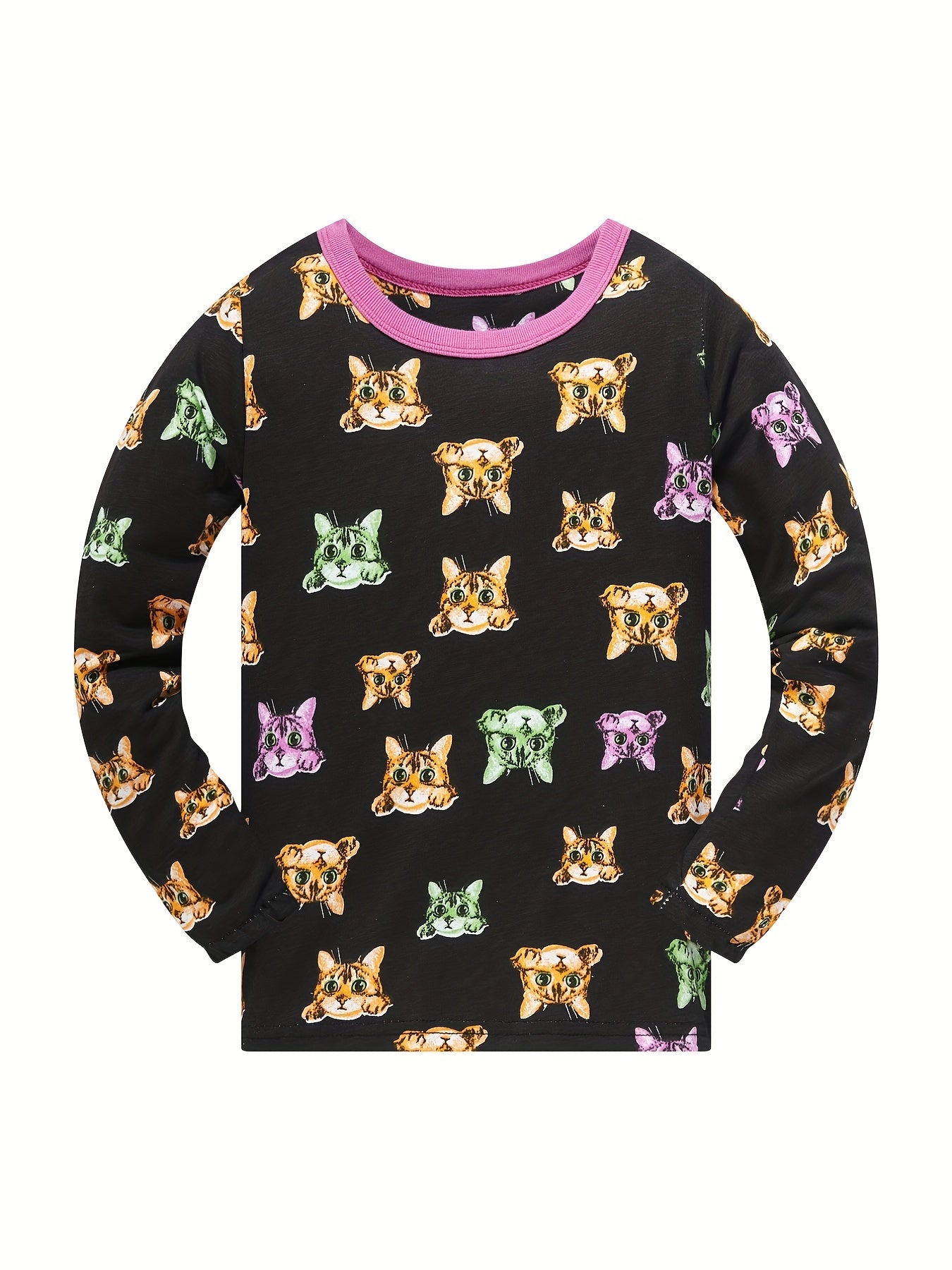 2pcs Toddler Girls Cat Graphic Pajama Set Long Sleeve Top & Pants