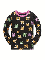 2pcs Toddler Girls Cat Graphic Pajama Set Long Sleeve Top & Pants