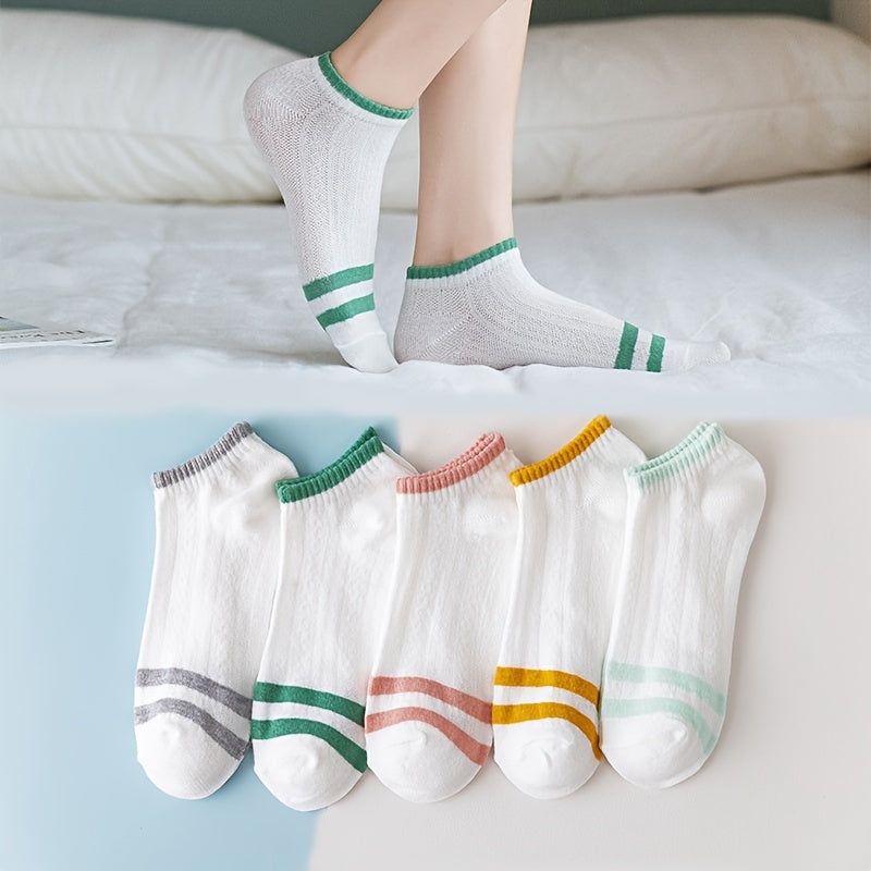 5 Pairs Striped Short Socks Breathable Low Cut Ankle Socks Womens Stockings
