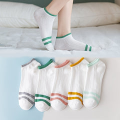5 Pairs Striped Short Socks Breathable Low Cut Ankle Socks Womens Stockings