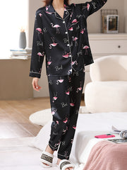 Flamingo Print Satin Pajama Set for Women