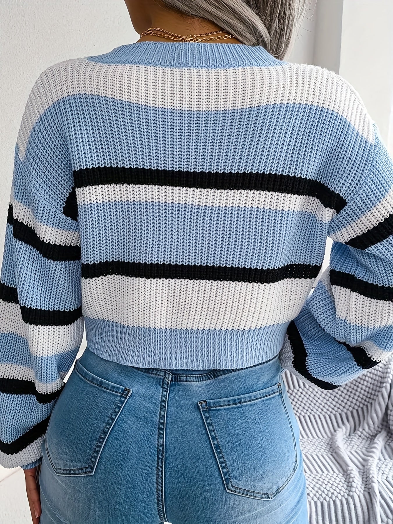 Striped Crop Sweater Long Sleeve Casual Fall Spring Women's Clothing