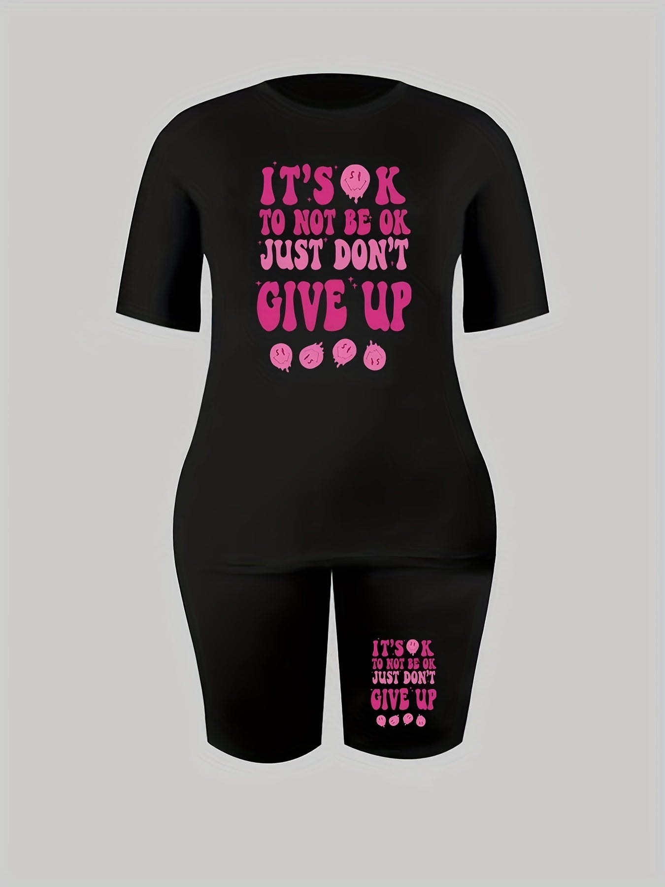 Smiley Face & Slogan Print Top & Shorts Set