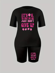 Smiley Face & Slogan Print Top & Shorts Set