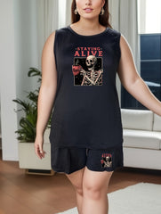 Skull & Coffee Print Lounge Set Tank Top & Shorts Pajama 2 Piece Set