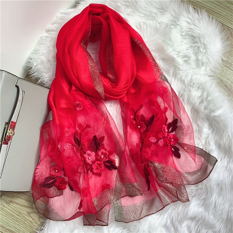 Silk Scarf Floral Embroidered Beaded Thin Scarves Shawl