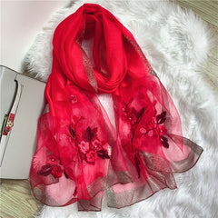 Silk Scarf Floral Embroidered Beaded Thin Scarves Shawl