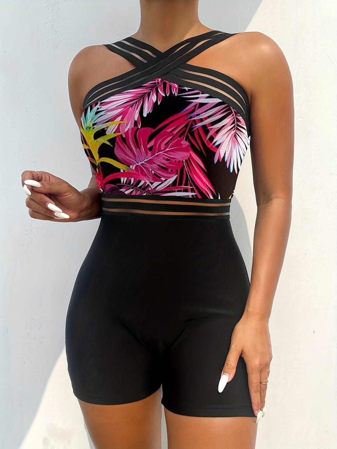 Criss Cross Neck Colorblock One Piece Swimsuit