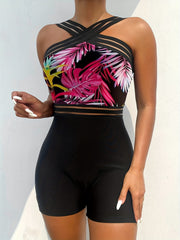 Criss Cross Neck Colorblock One Piece Swimsuit