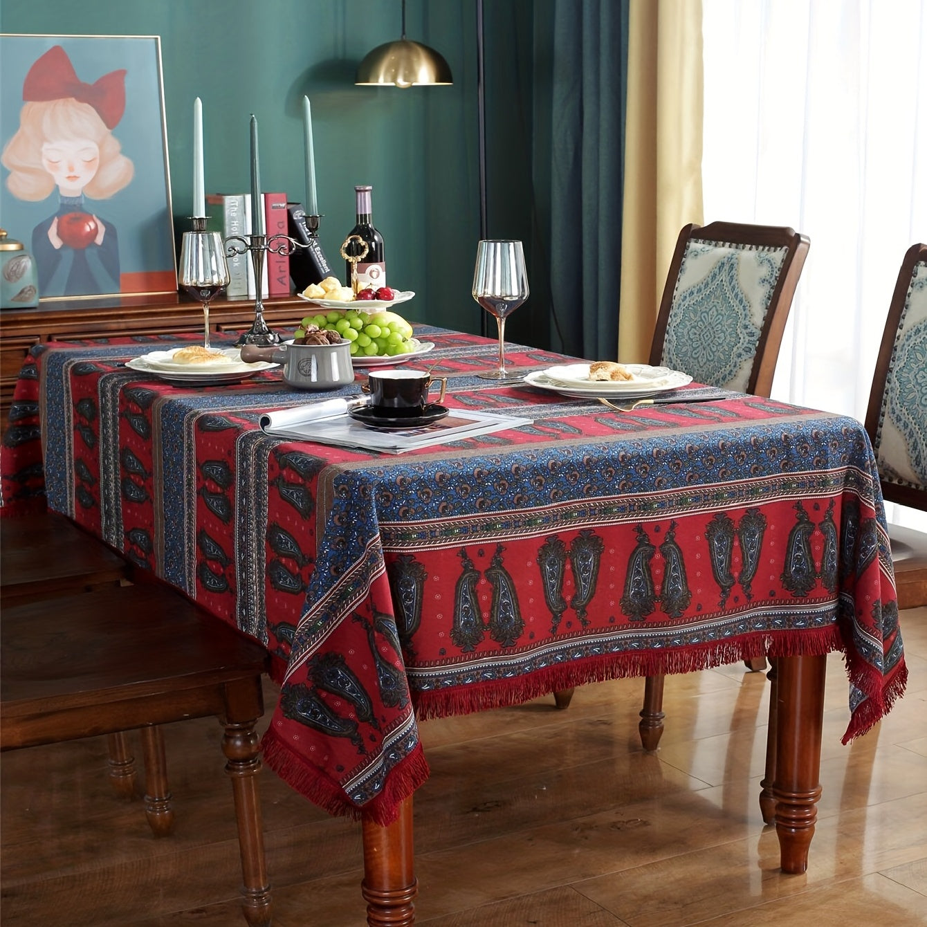 Christmas Cotton Tablecloth with Red Fringe Bohemian Printed Table Flag