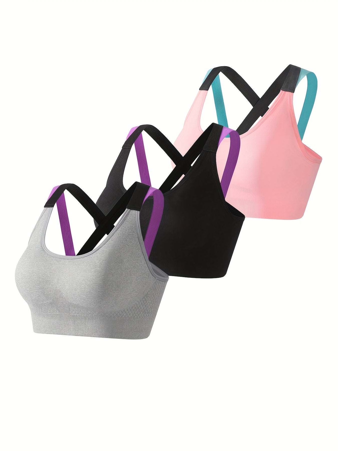 3pcs Criss Cross Sports Bras Colorblock Running Workout Bra Lingerie