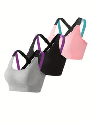 3pcs Criss Cross Sports Bras Colorblock Running Workout Bra Lingerie