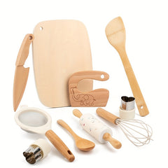 10pcs Wooden Kitchen Play Set with Chef Hat Knives and Play Food