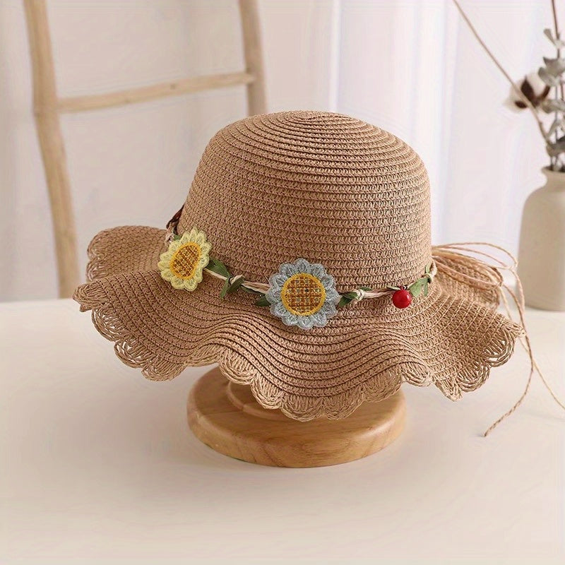 Girls' Beach Princess Straw Sun Hat with Flowers and Bag