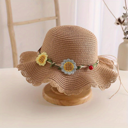 Girls' Beach Princess Straw Sun Hat with Flowers and Bag