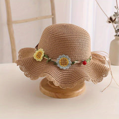 Girls' Beach Princess Straw Sun Hat with Flowers and Bag