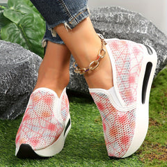 Women's Spider Web Pattern Wedge Sneakers Mesh Slip On Walking Shoes