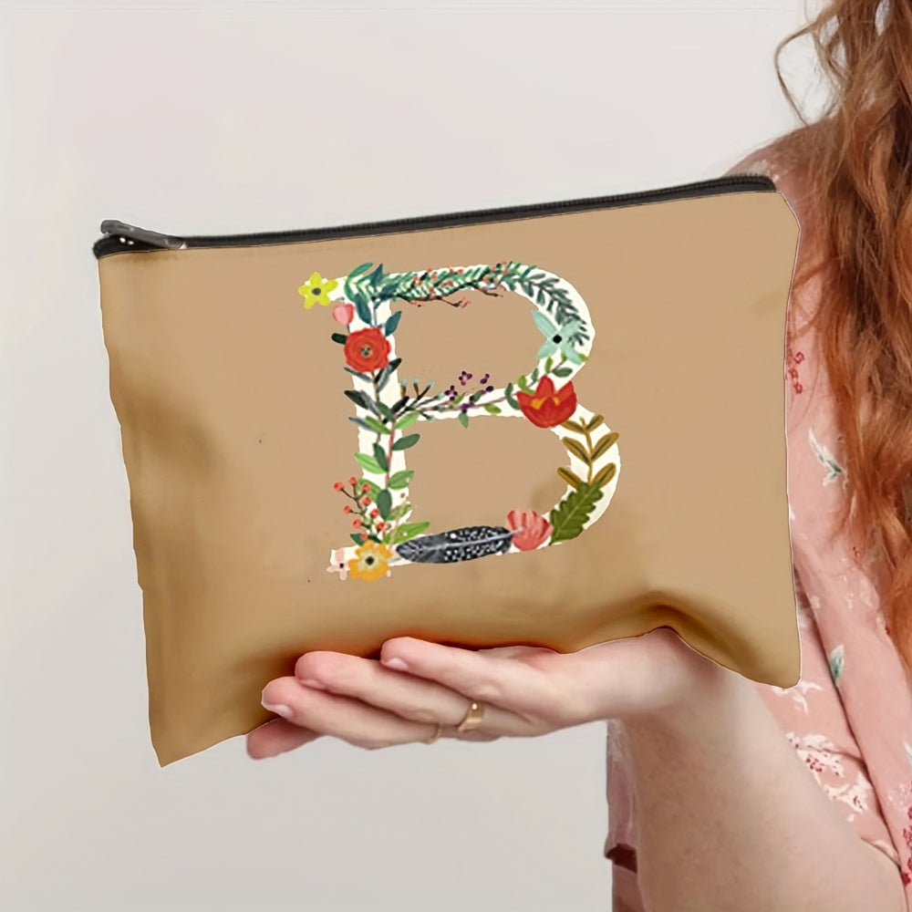 Floral Pattern Cosmetic Bag with Letter Detail Zipper