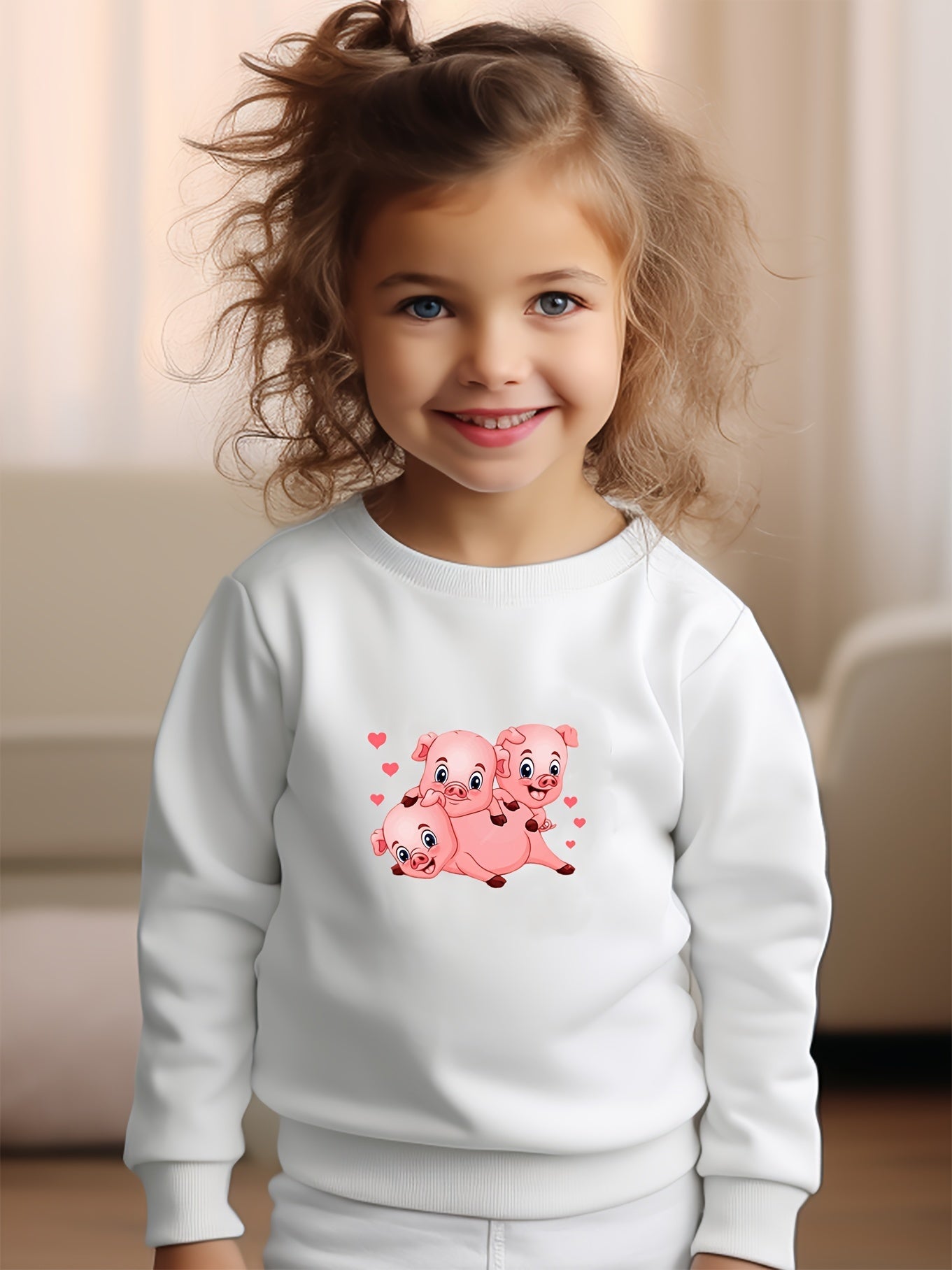 Girls Pigs Pattern Crew Neck Sweatshirt For Spring Fall