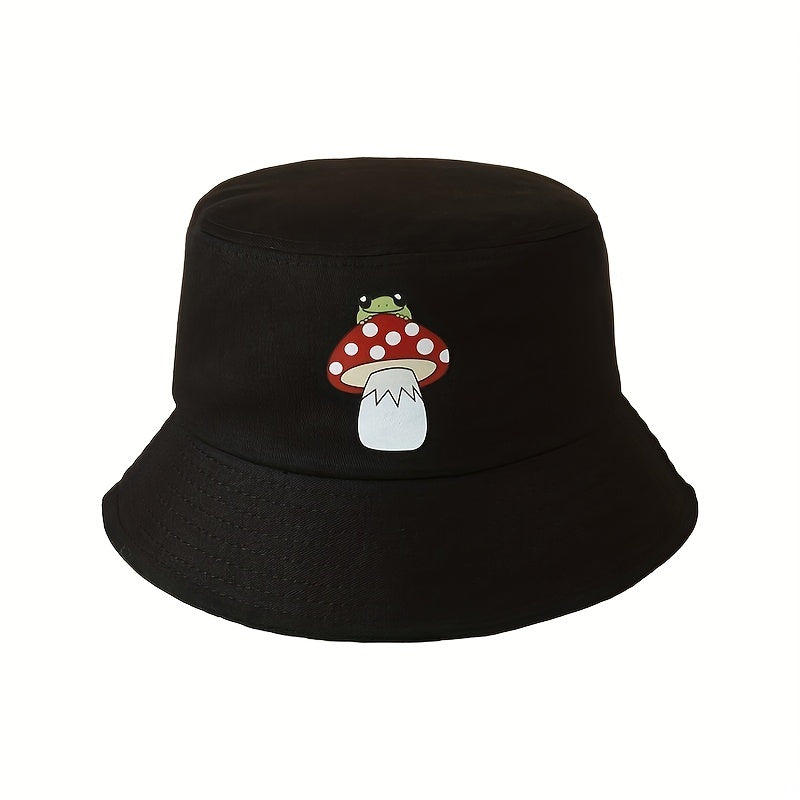 Mushroom Frog Print Bucket Hat Casual Sunshade Fisherman Cap