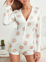 Peach Print Romper Pajamas Long Sleeve Buttons V Neck Lingerie