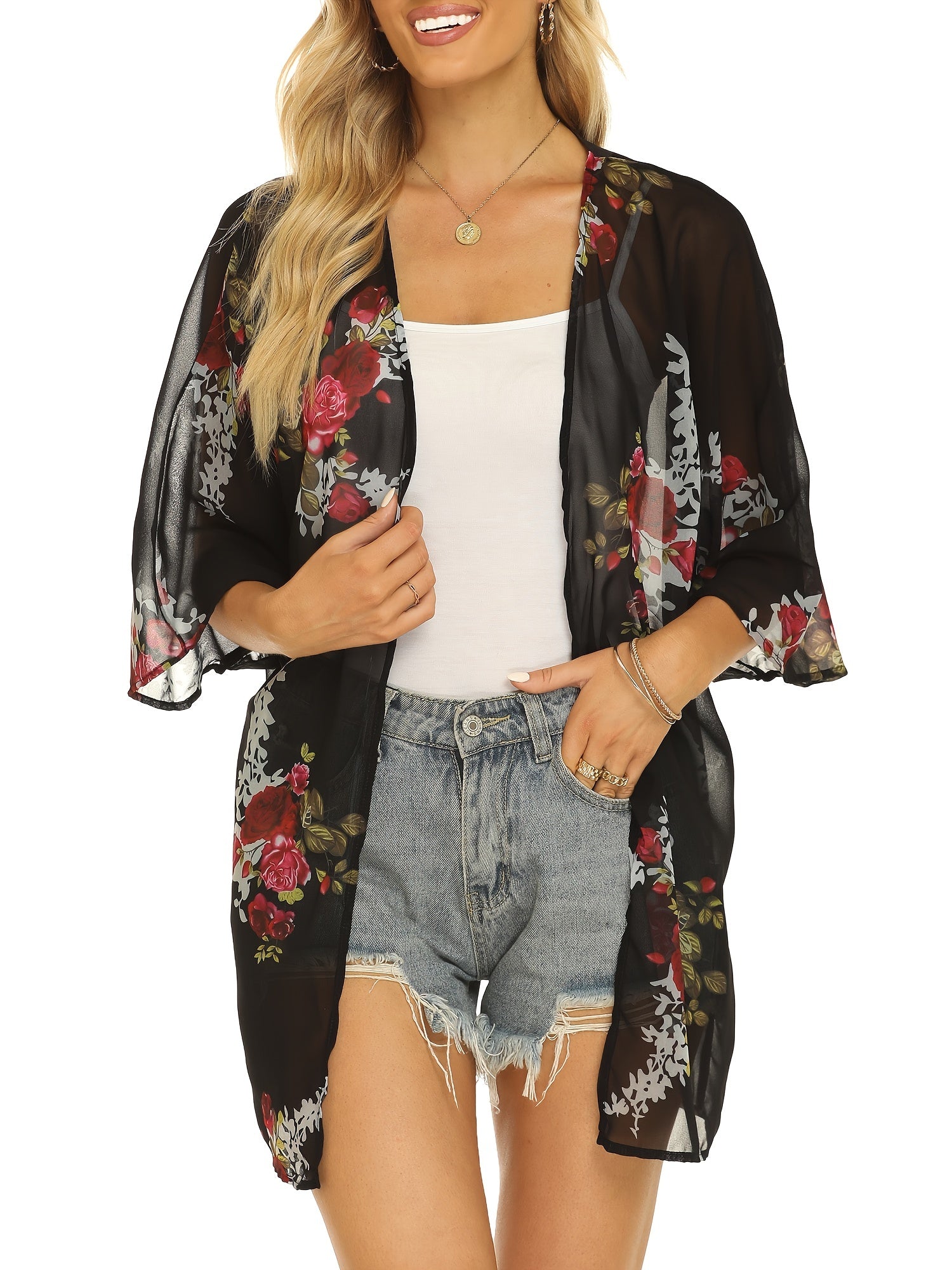 Floral Print Cover Up Tops Long Sleeve Rash Guard Semi Sheer Loose Fit