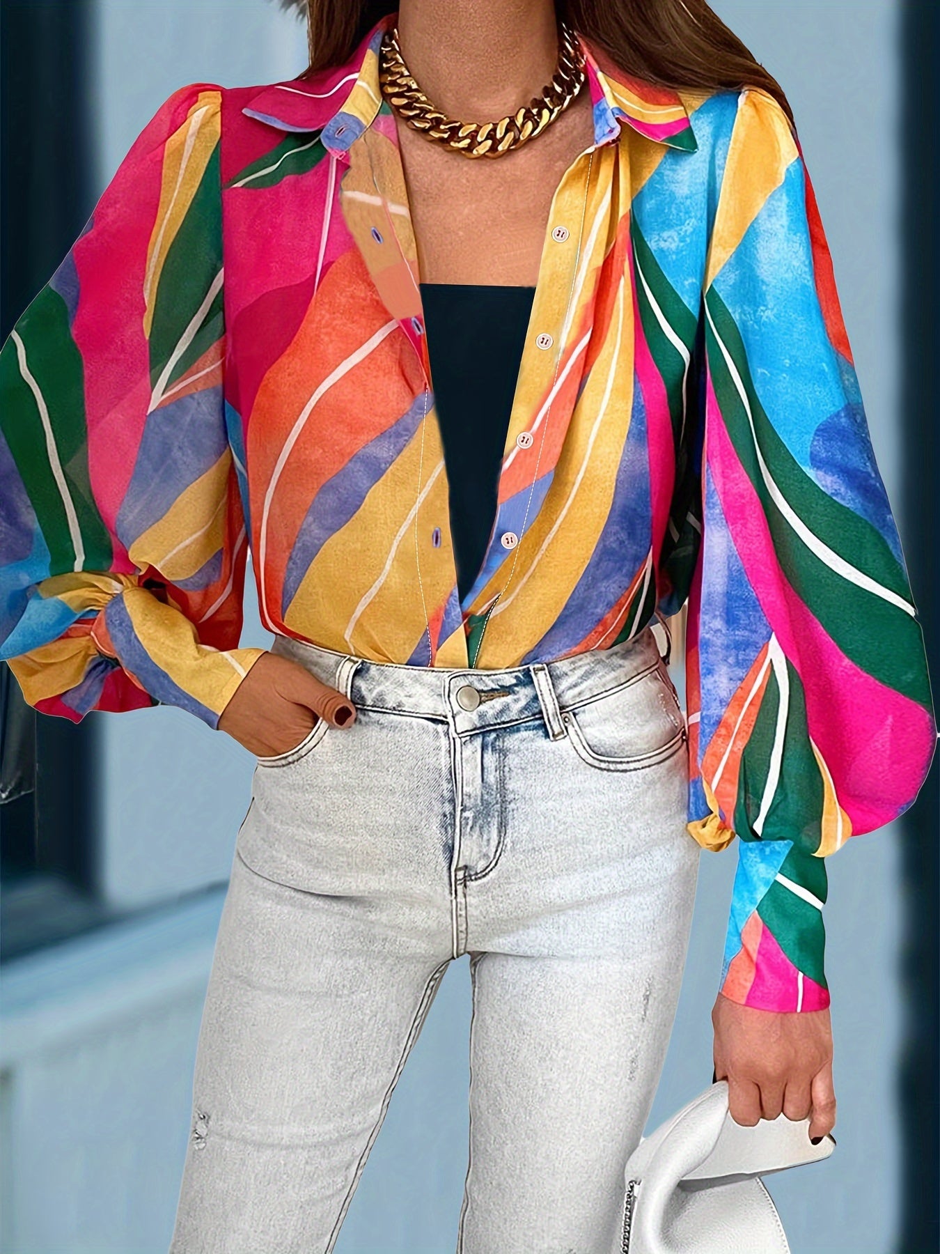 Leaf Print Button Up Lantern Sleeve Blouse