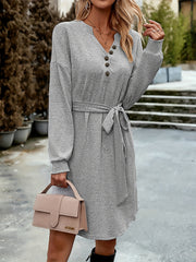 Heathered Long Sleeve V Neck Button Dress With Belt