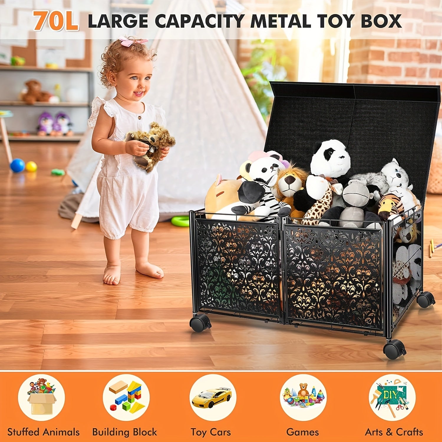 Foldable Oversized Storage Bin Metal Toy Box With Wheels And Lid