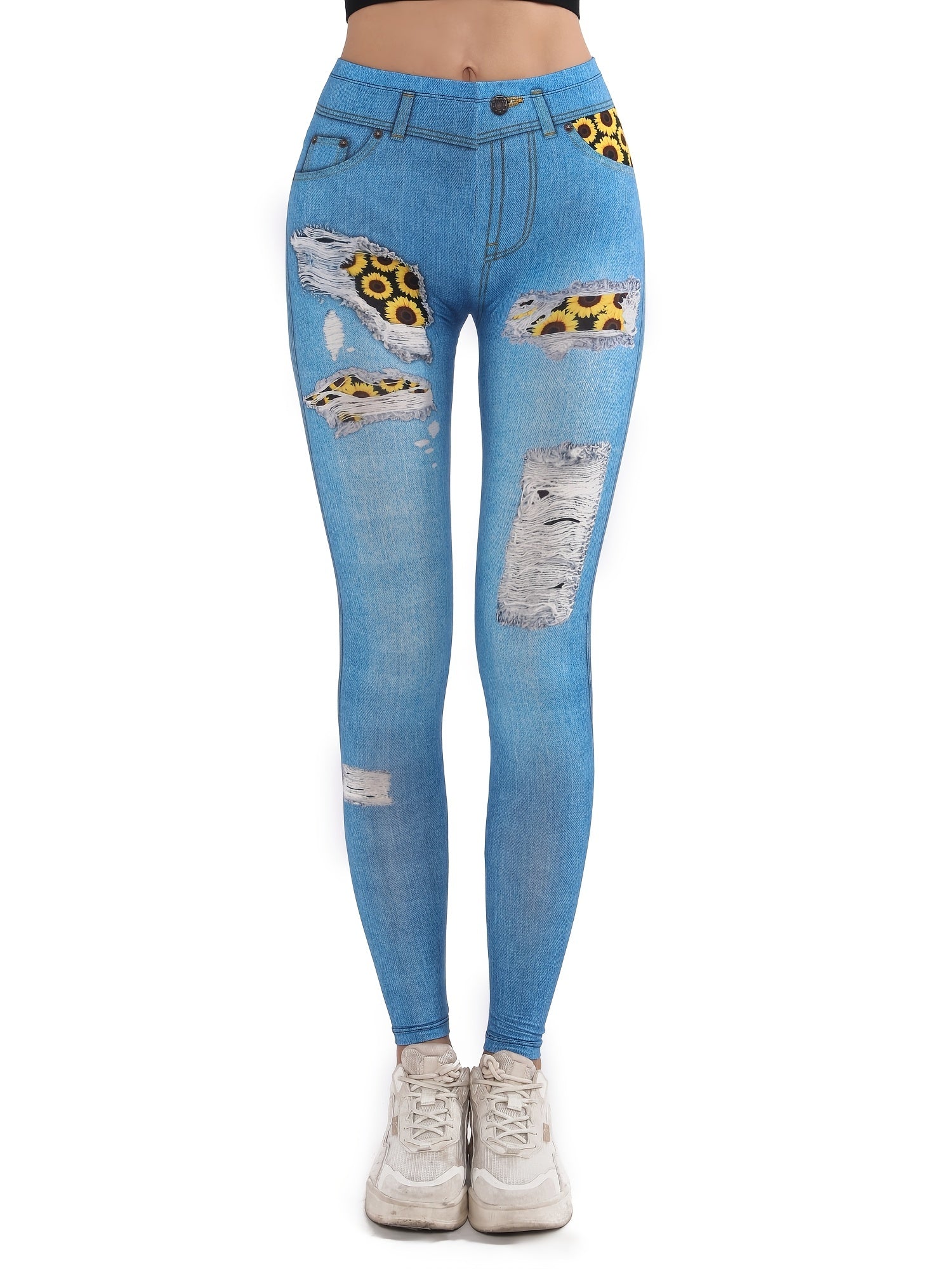 Denim Print High Waist Leggings Workout Casual Slim Yoga Pants