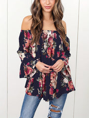 Floral Beachwear Top Off Shoulder Long Sleeves Casual Blouse
