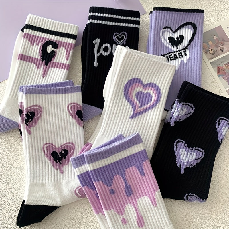 7 Pairs Heart Print Socks Women's Stockings