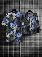 Crane And Flower Print Men's 2 Piece Outfits Casual Short Sleeve T-shirt And Sho