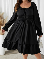 Solid Flounce Sleeve Round Neck Ruffle Trim Dress
