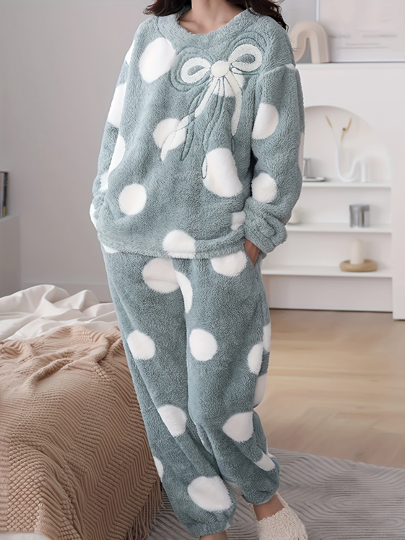 Polka Dot Fuzzy Pajama Set Long Sleeve Crew Neck Top & Elastic Waistband Pants