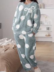 Polka Dot Fuzzy Pajama Set Long Sleeve Crew Neck Top & Elastic Waistband Pants
