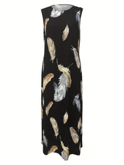 Feather Print Tank Dress With Pockets