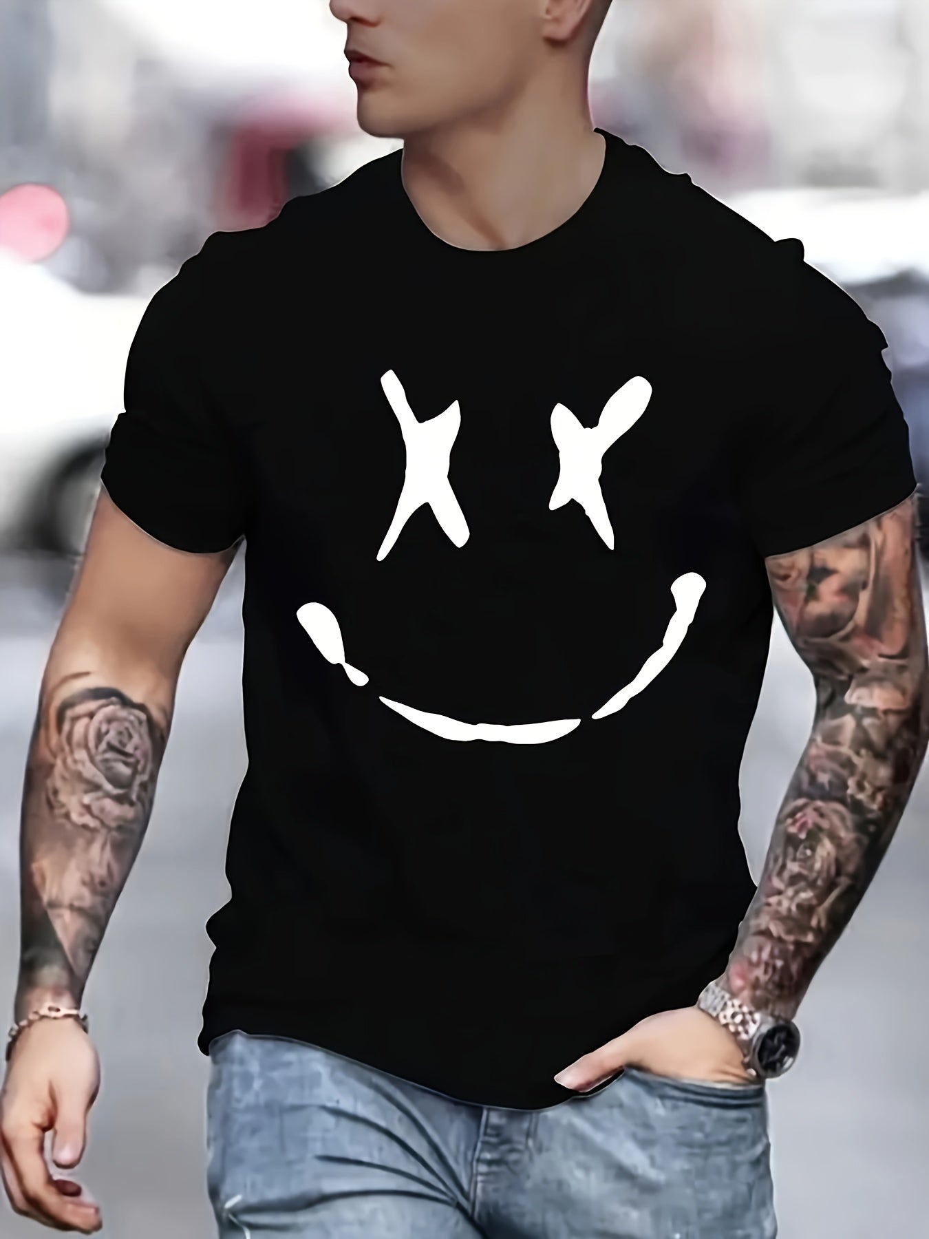 Men's Graffiti Face Print T-Shirt Crew Neck Tee for Summer Outdoor