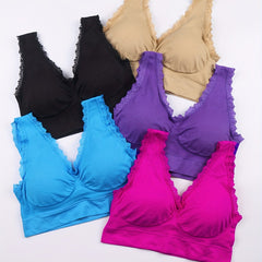 5pcs Lace Trim Sports Bras Comfy & Breathable Wireless Bra