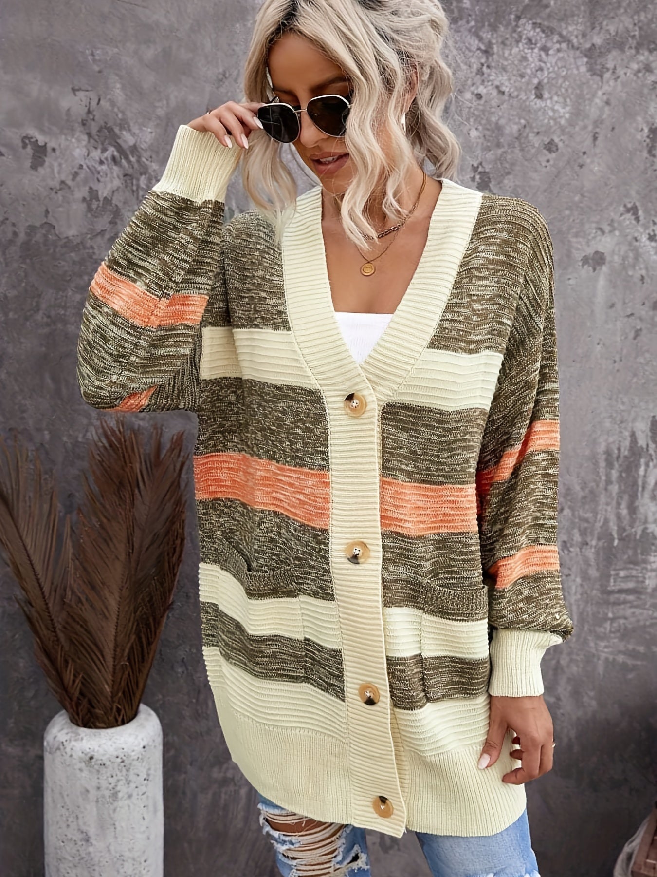 Striped Long Sleeve Button-Up Cardigan With Pockets