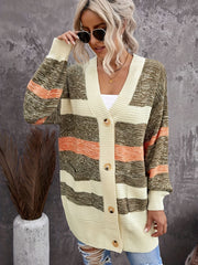 Striped Long Sleeve Button-Up Cardigan With Pockets