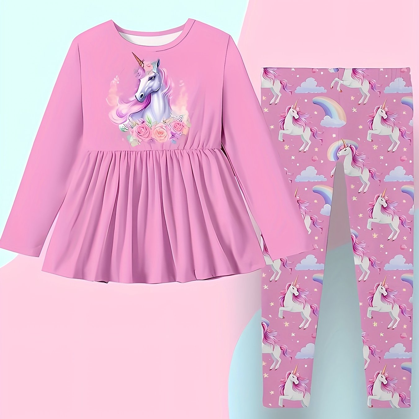 Cartoon Unicorn Print 2pcs Girls Pullover Pants Set