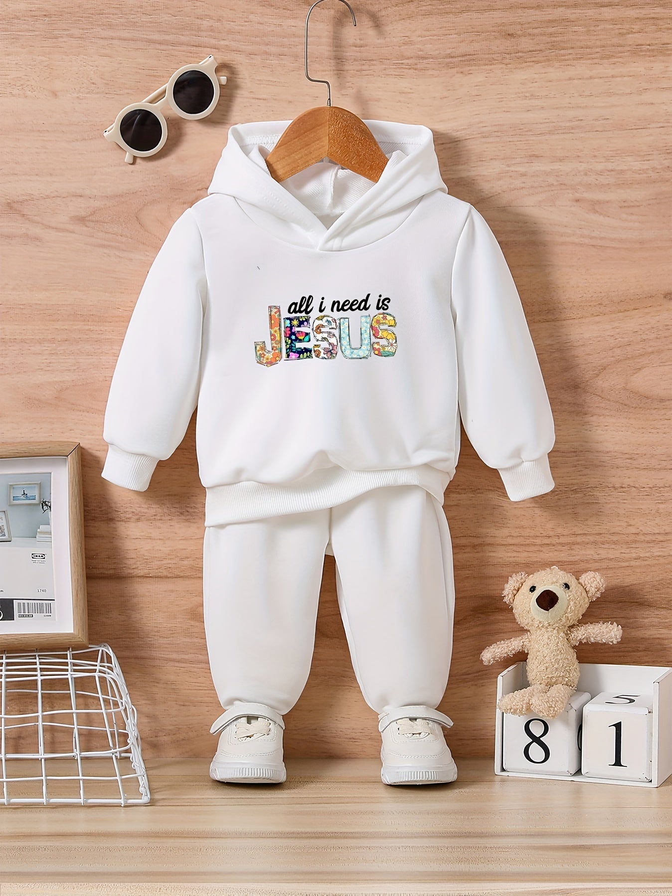 Baby Letter Print Casual Outfit Long Sleeve Hoodie Trousers Set