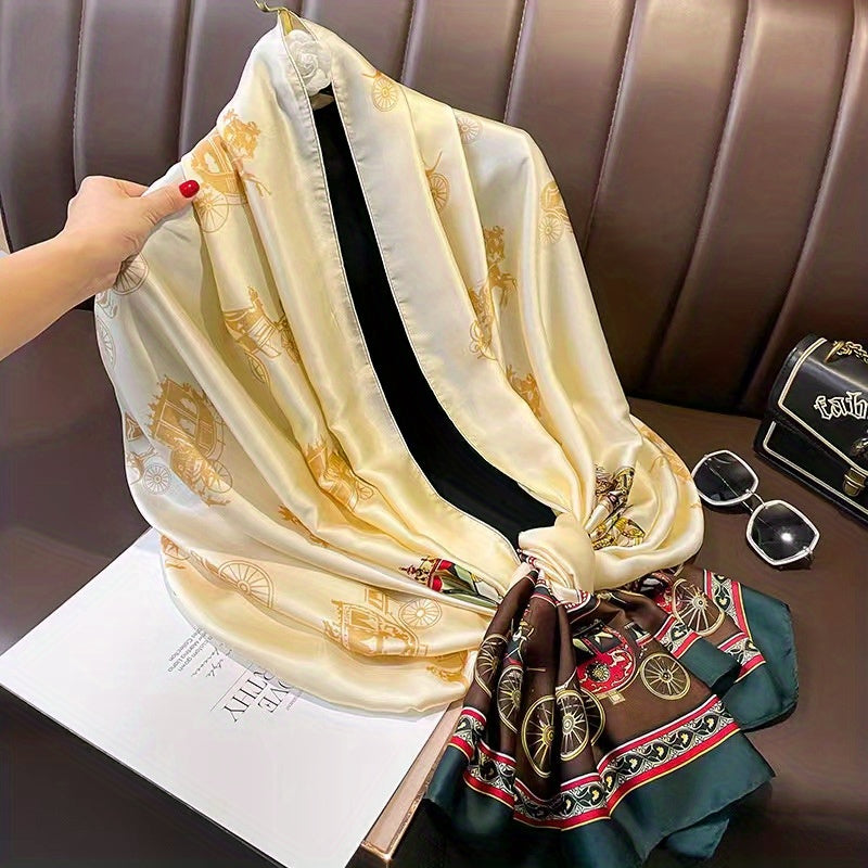 Retro Carriage Print Scarf Block Silk Shawl Head Wrap Women Sunscreen