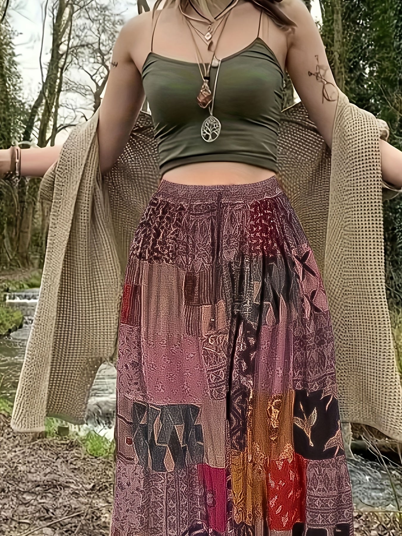 Colorblock Geometric Print High Rise Boho Skirt Plus Size