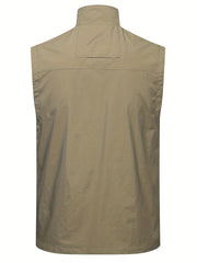 Men's Zipper Pockets Cargo Vest, Stand Collar Zip Up Vest
