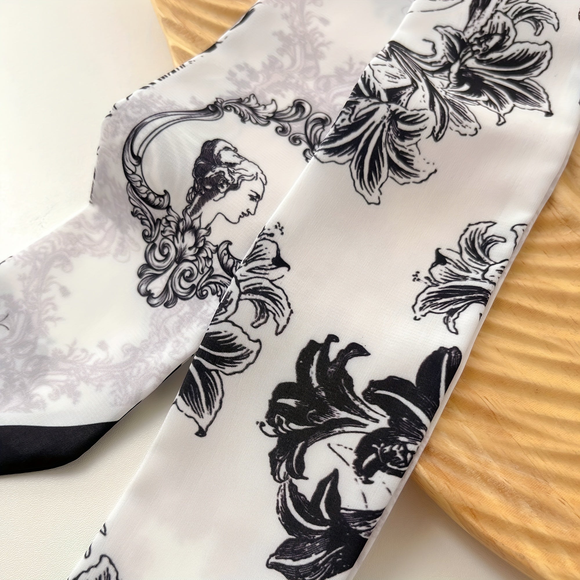 Plant Print Skinny Scarf Silky Long Ribbon Neckerchief Satin Twilly Scarf