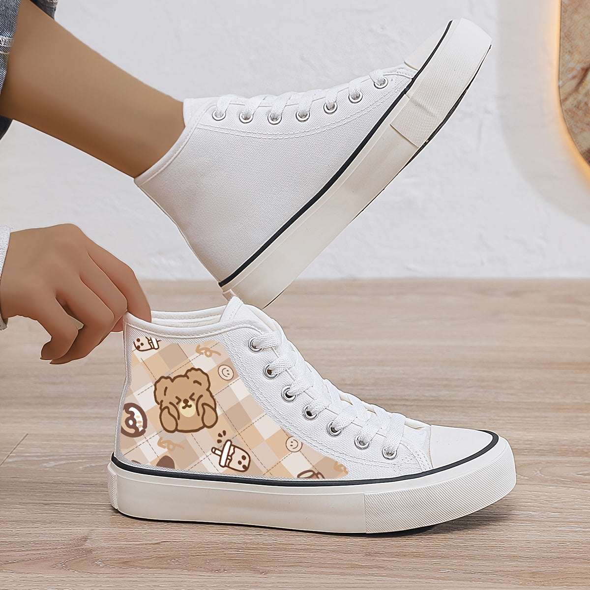 Bear Print Plush Lined Thermal Chunky Canvas Sneakers Flat Heighten