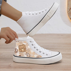 Bear Print Plush Lined Thermal Chunky Canvas Sneakers Flat Heighten